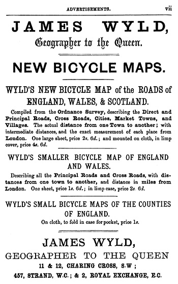 1880 advertisement: James Wyld: New Bicycle Maps
