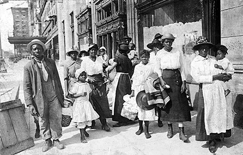 Some of the several hundred refugees of the East St. Louis Massacre who were “marched by the Eads Bridge route to this city [St. Louis]. Two militia companies served as their escort.”