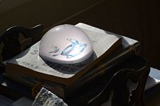 Birds and teacup paperweight on a book stack.