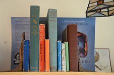 Straight on view of stylized bird bookends with bird identification books and glass shaded lamp.