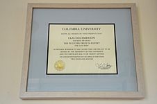 Framed Columbia University certificate acknowledging award of the Pulitzer Prize in Poetry for Late Wife.