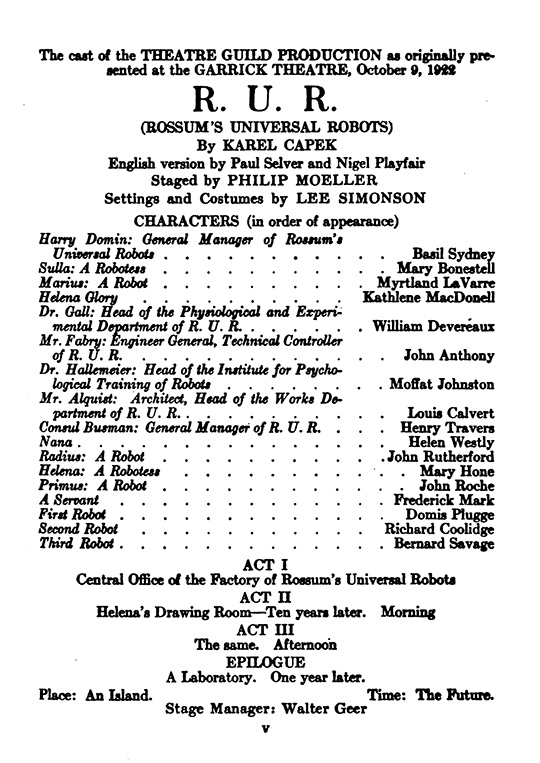 R.U.R Cast List for 1922 Garrick Theatre production.